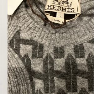HERMES MENS LONG SLEEVE PULLOVER CASHMERE EMBOSSED SWEATER LG GREY/BLACK NEW